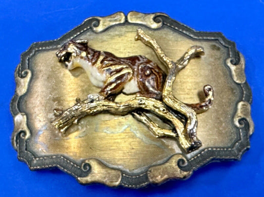 Vintage bobcat? leaping from branch western framed belt buckle by Raintree