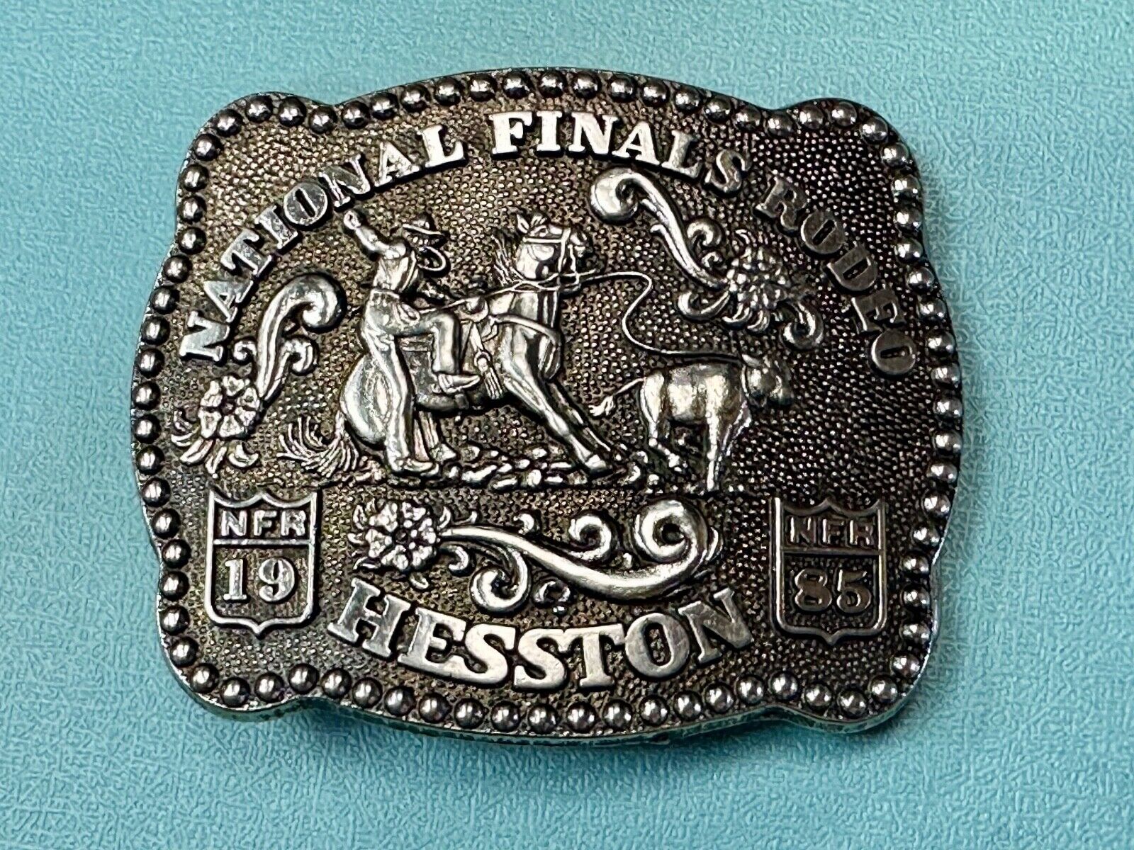 1985 NFR YOUTH SIZE `Rodeo Vintage Hesston Belt Buckle Steer Wrestling