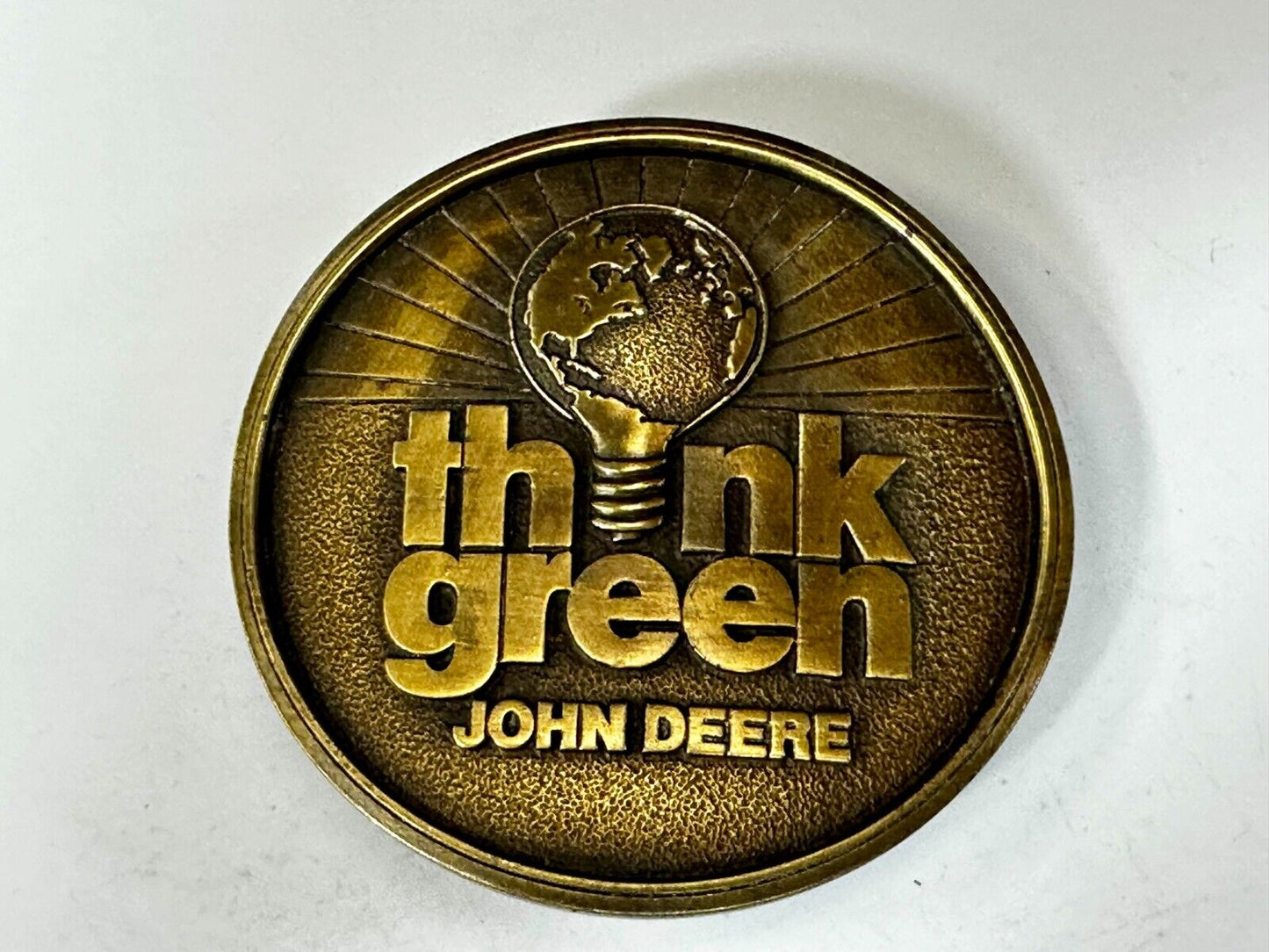 THINK GREEN - John Deere Farm Tractors Vintage Brass Tone Round Belt Buckle
