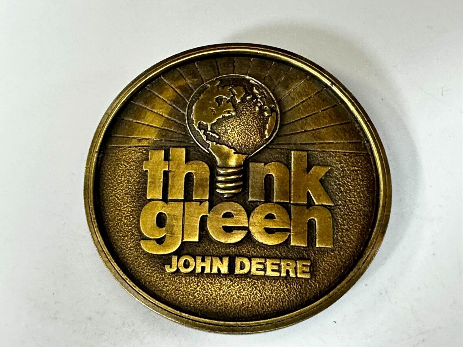 THINK GREEN - John Deere Farm Tractors Vintage Brass Tone Round Belt Buckle