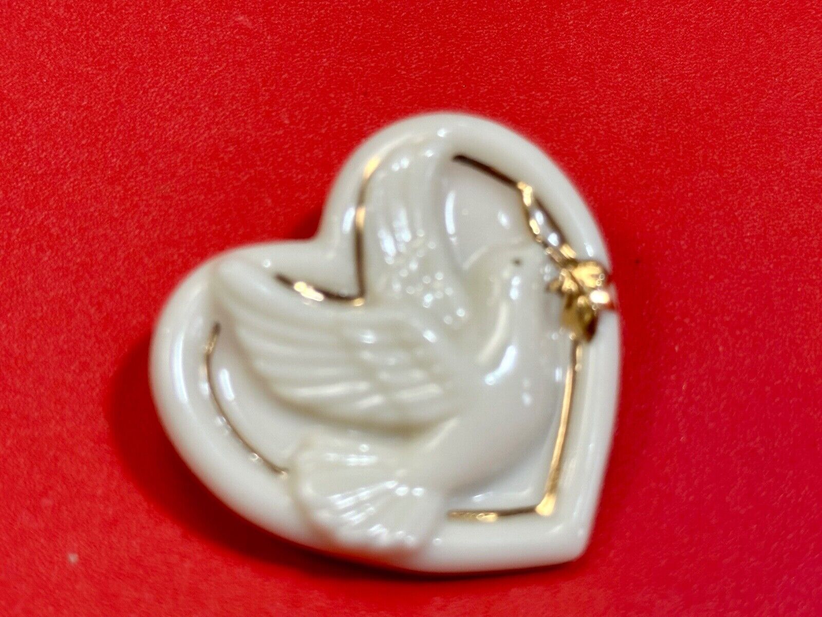 Vintage Lenox Heart Shaped Brooch with Peace Dove & Olive Branch, Gold Trim