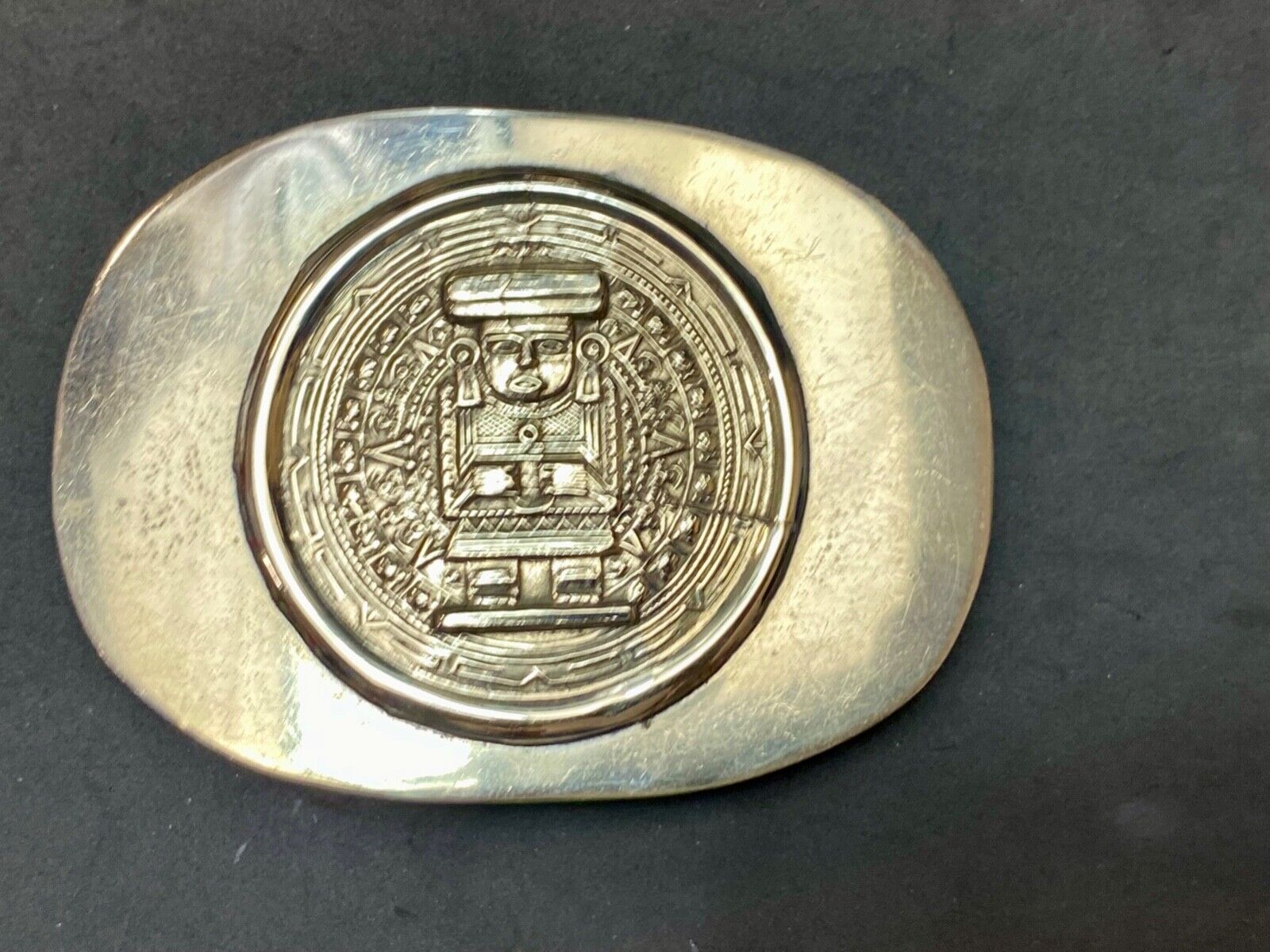 Aztec Calendar Person Figure silver tone? Belt Buckle Mayan Indian