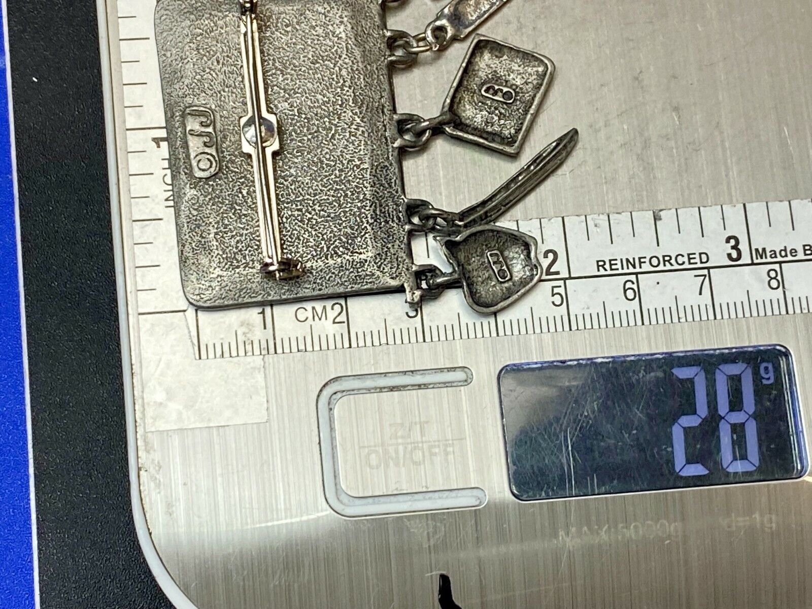 VINTAGE *J.J.*PEWTER MATH TEACHER CHALKBOARD BROOCH PIN W/THEMED FIGURAL DANGLES