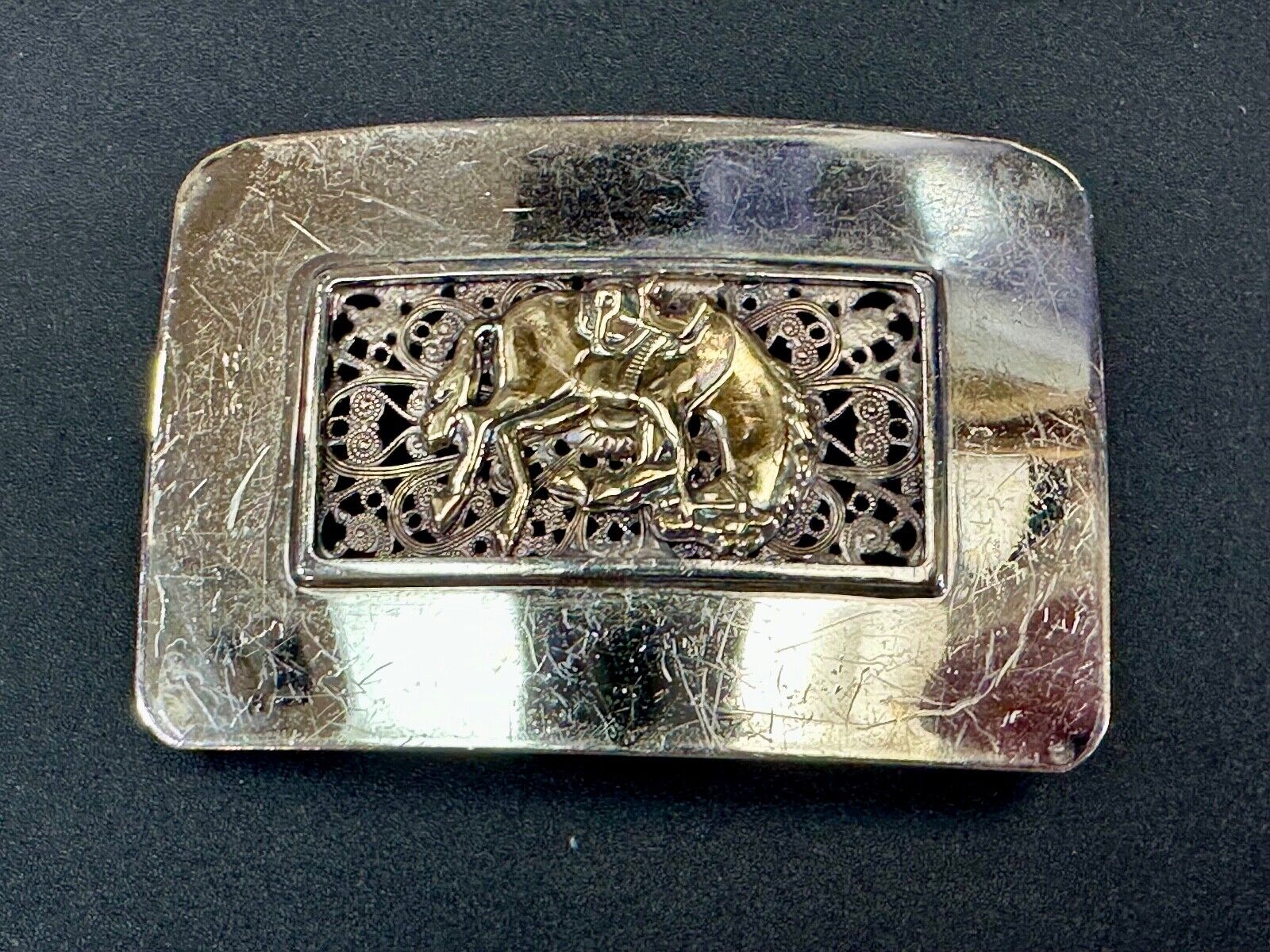 Unique Rodeo Cowboy Horse Saddle Bronc Nickel Silver Mesh Background belt Buckle