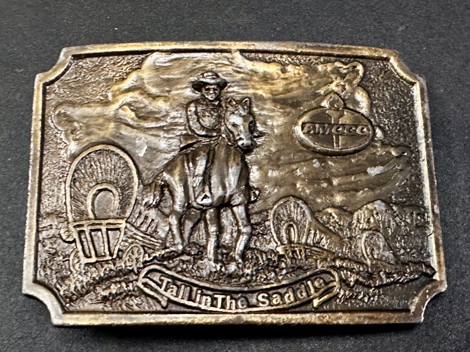 Amoco Oil Tall in the Saddle Wagon Brass Tone Western Cowboy Horse Belt Buckle