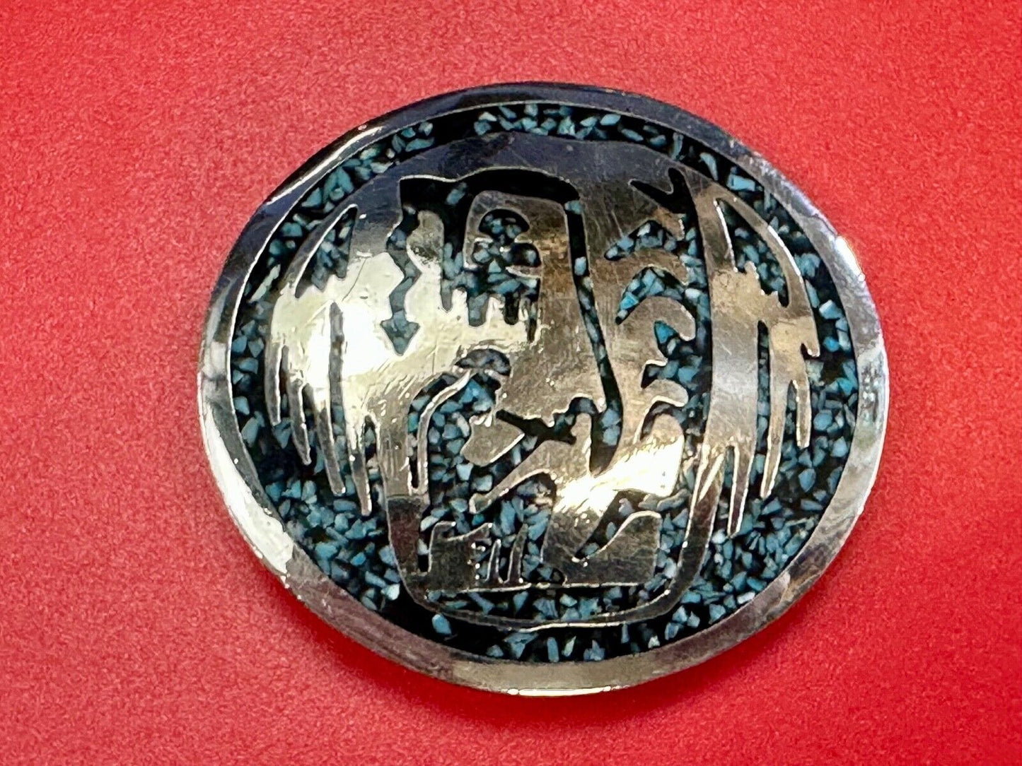 Artisan Inlaid Turquoise chip Beautiful Art pc. Vintage belt buckle marked 1980