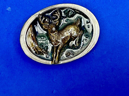 Vintage 1986 C+J Running Jumping Deer In Nature Belt Buckle 