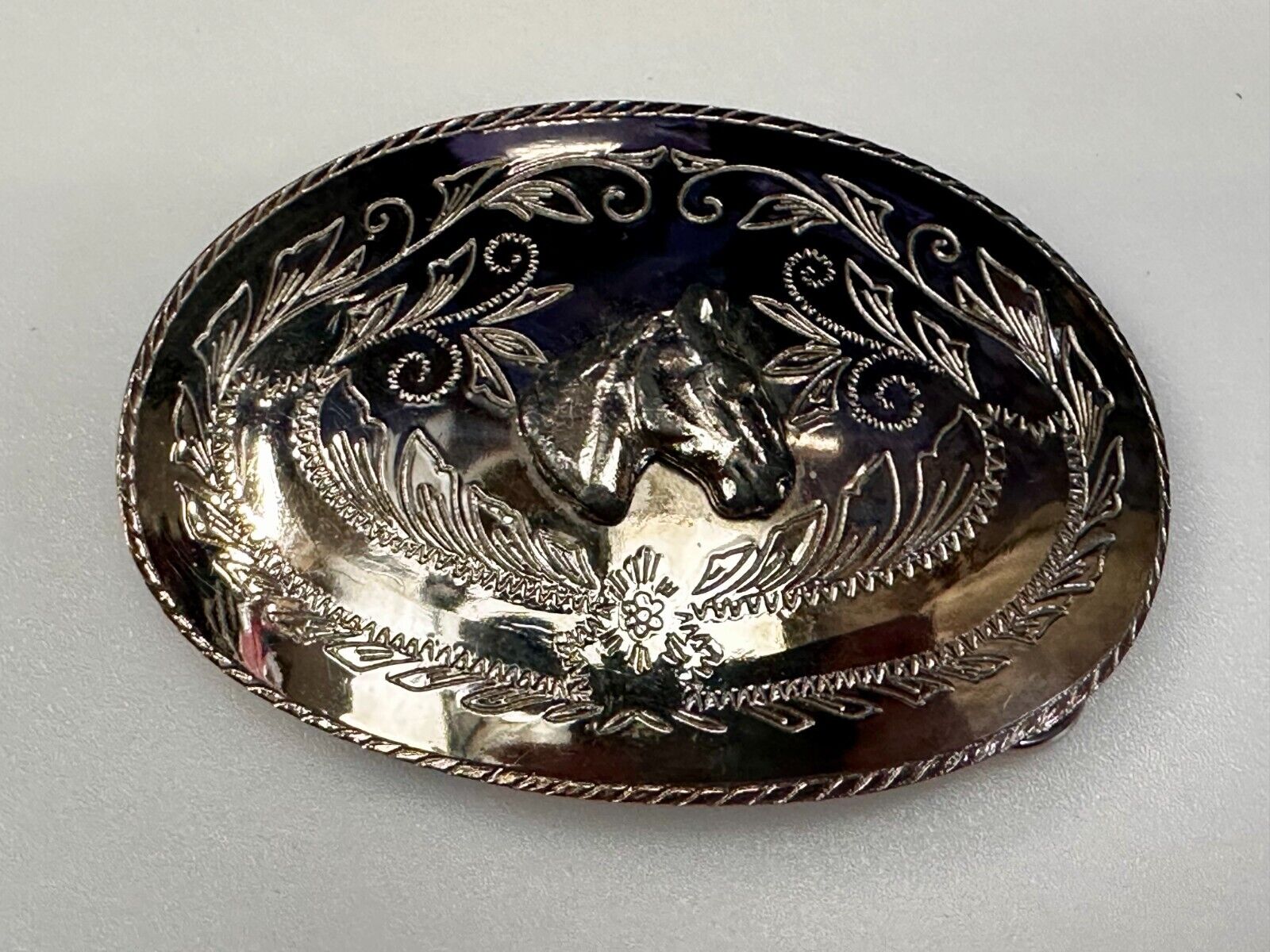 Vintage Horse Head Rodeo Flower Swirl Silver Tone Belt Buckle