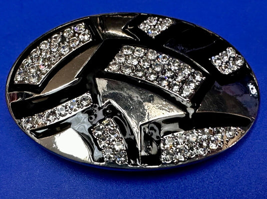 Unique Rhinestone Accented Black & Silver Tone Women's Oval Belt Buckle
