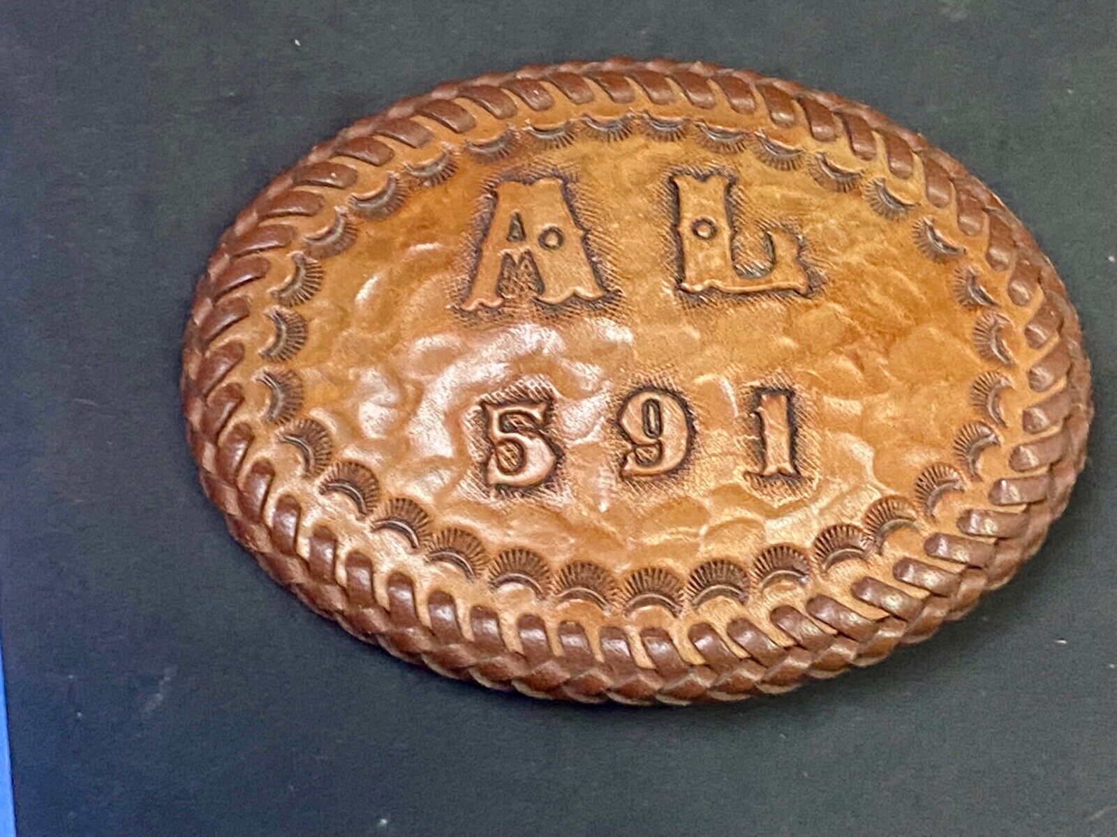 Al 591 Large Leather Tooled Stitched Name Western Belt Buckle.