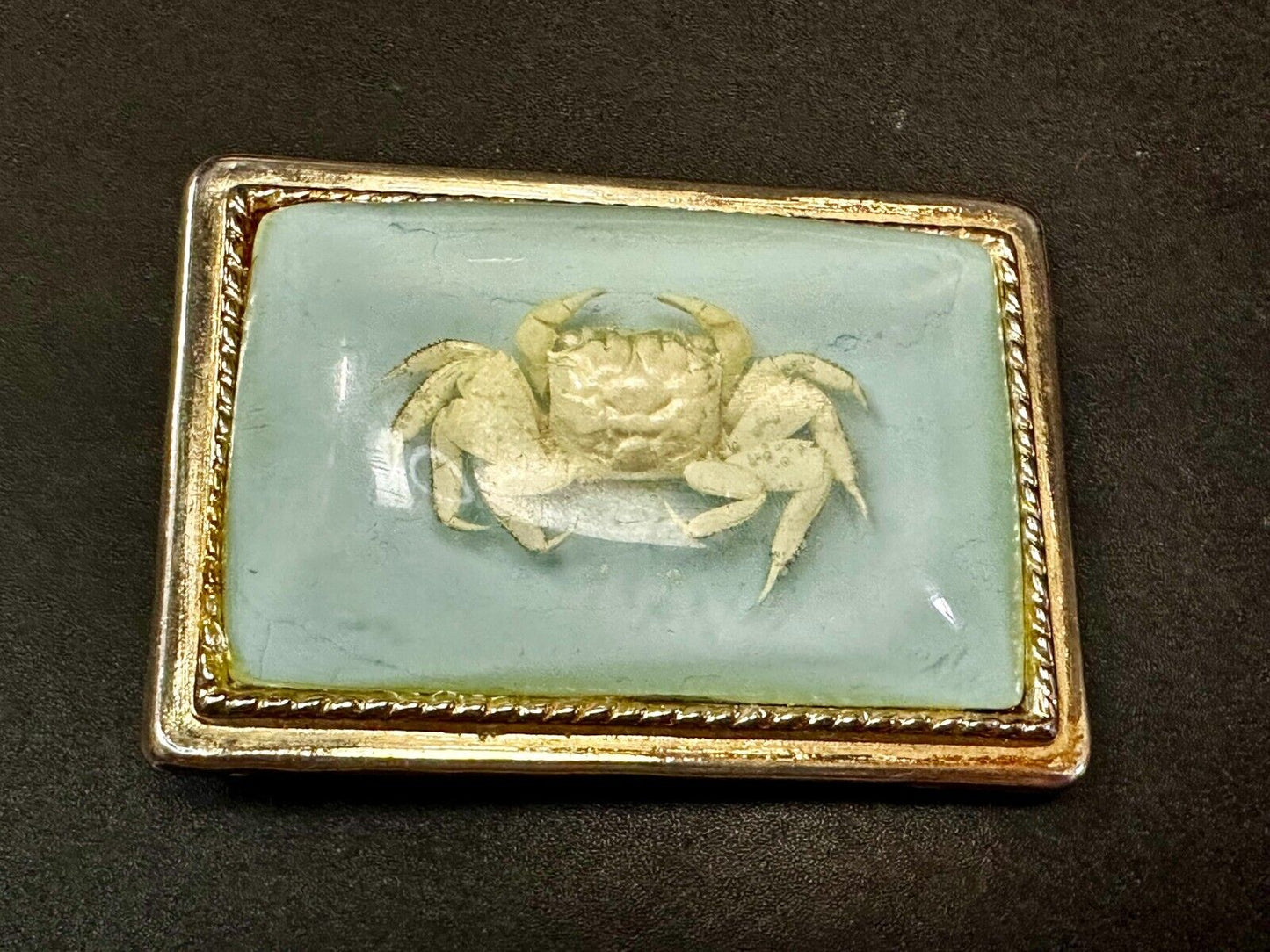 White Fiddler Crab Encased in Clear Enamel Vintage Gold tone Belt Buckle