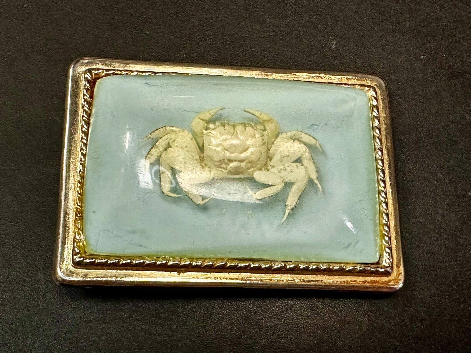 White Fiddler Crab Encased in Clear Enamel Vintage Gold tone Belt Buckle