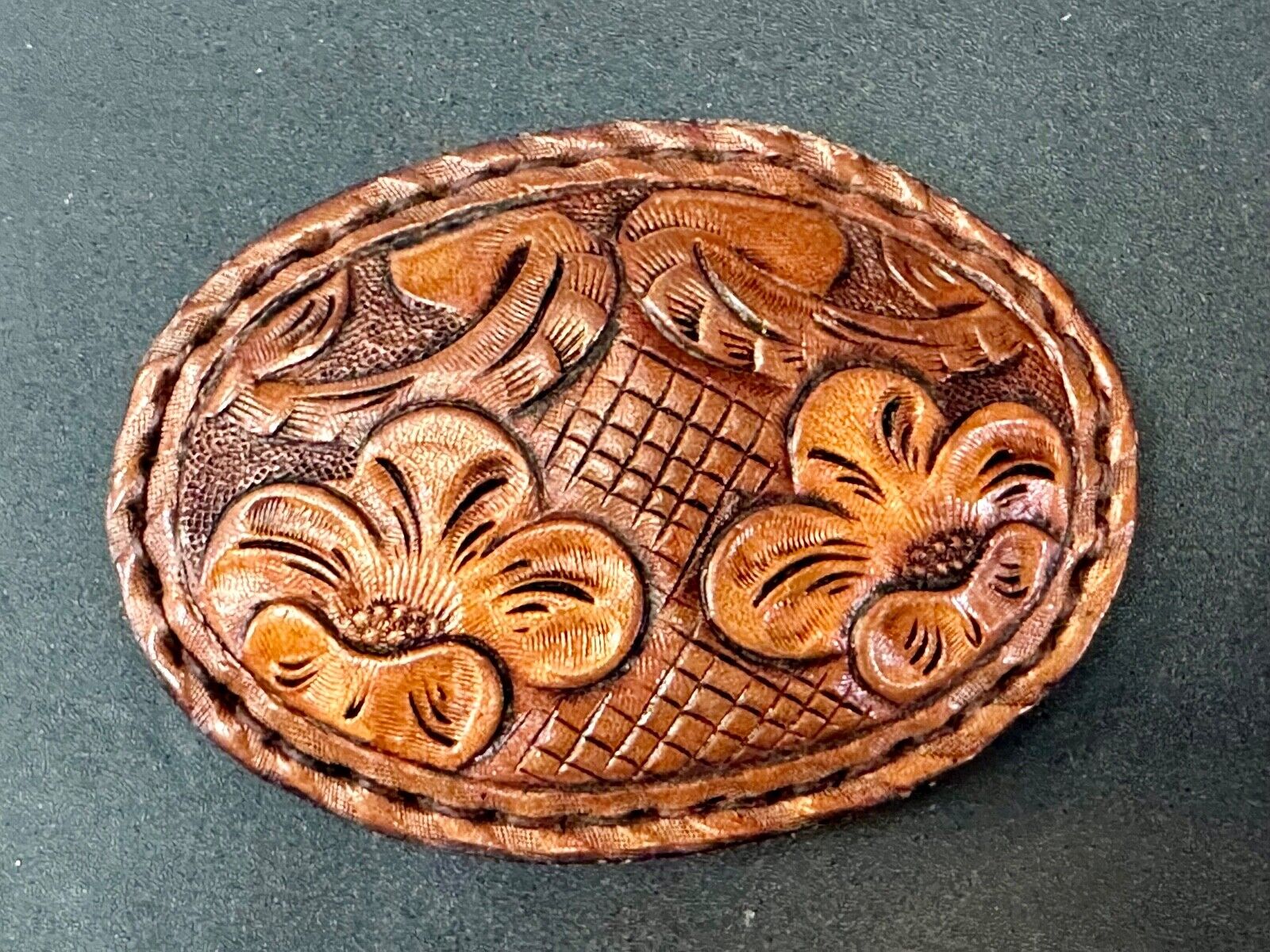 4" wide brown leather floral theme hand stitched artisan belt buckle