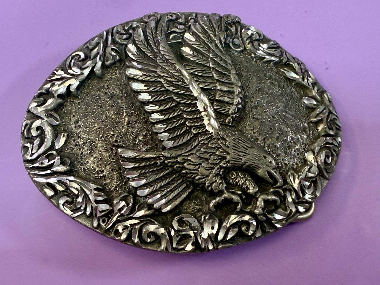 3D Flying American Bald Eagle Swirl Ornate Border Carved 1993 EGE Belt Buckle