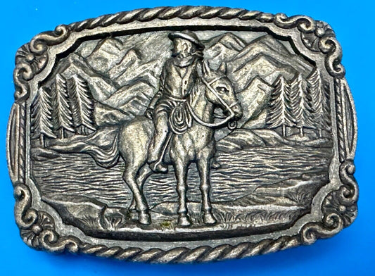 Vintage Cowboy on Horseback Dress Style Clamp down Belt Buckle