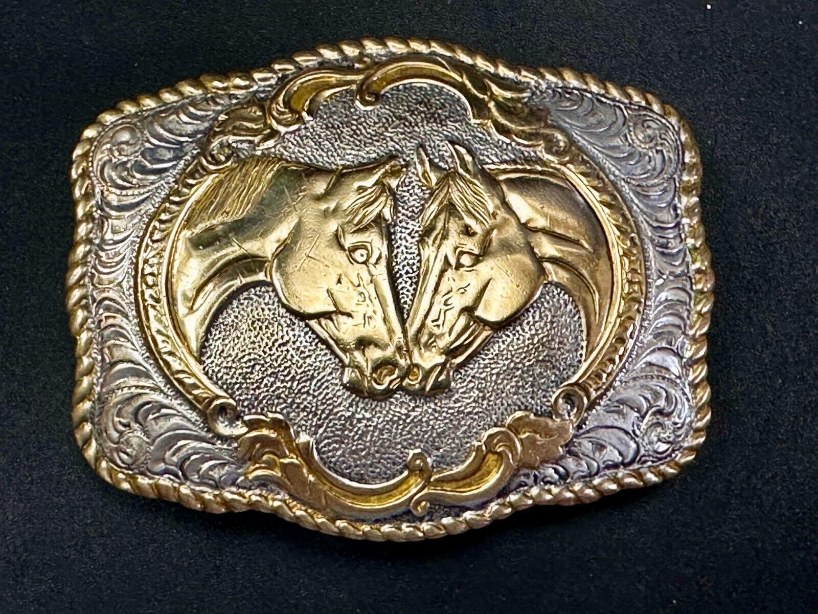 Two Horse Heads Vintage Crumrine Two Tone Western Belt Buckle