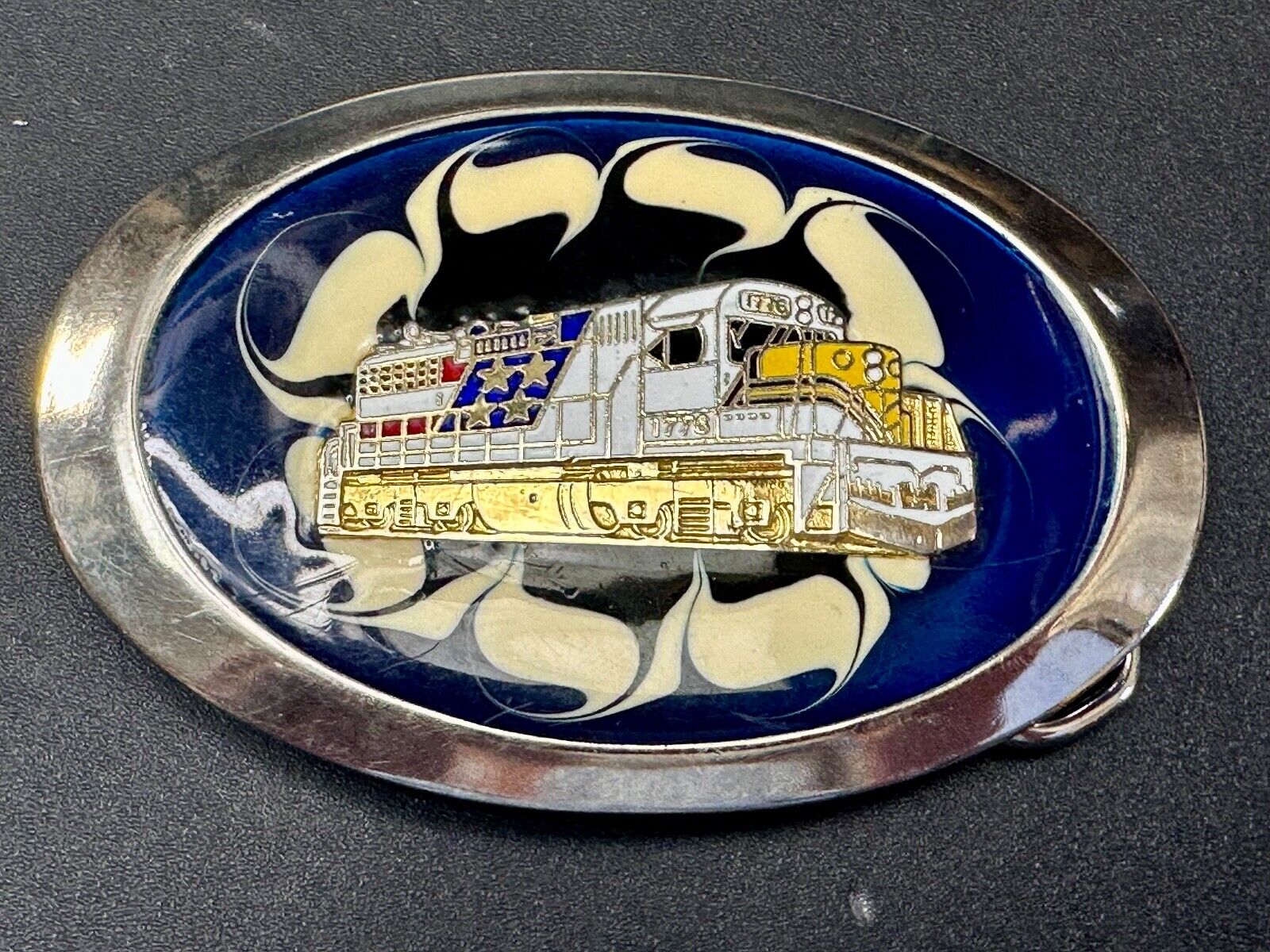 Artisan Trail Car Engine on retro swirl background Vintage Oval Belt Buckle