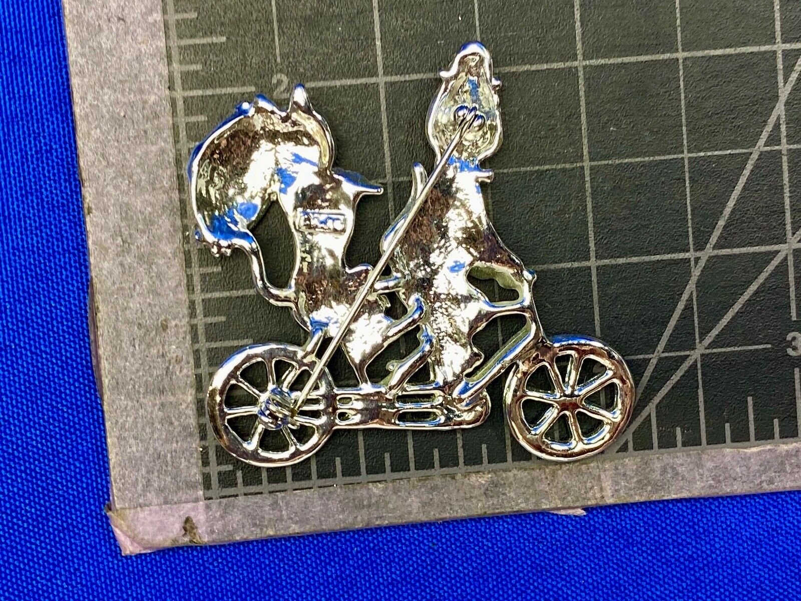 Vintage AJC Two Cats Riding Bicycle  with Umbrella Silver Tone Brooch Pin
