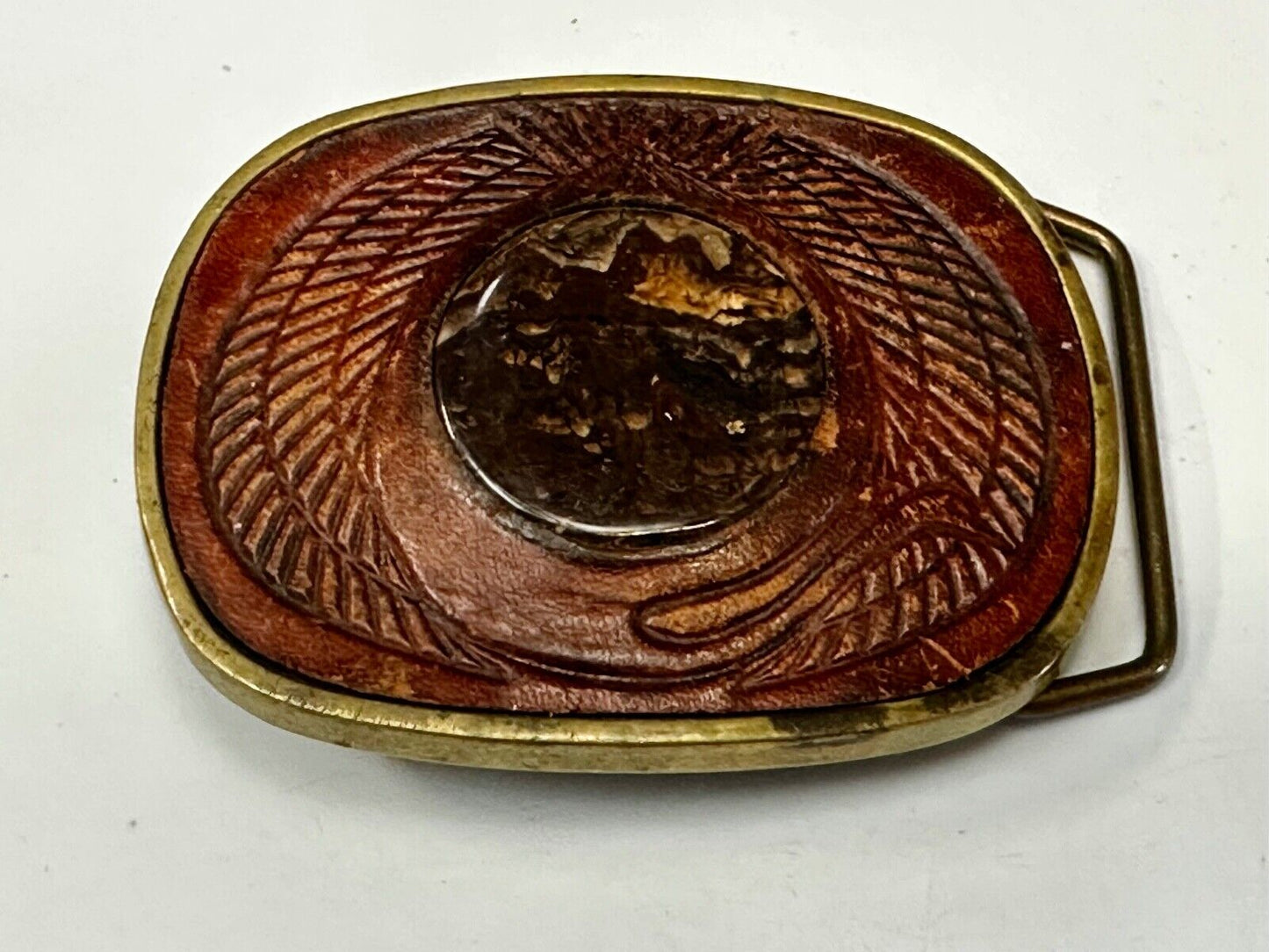 Unique Leather and Solid Brass Round Centerpiece Vintage Belt Buckle by Baron