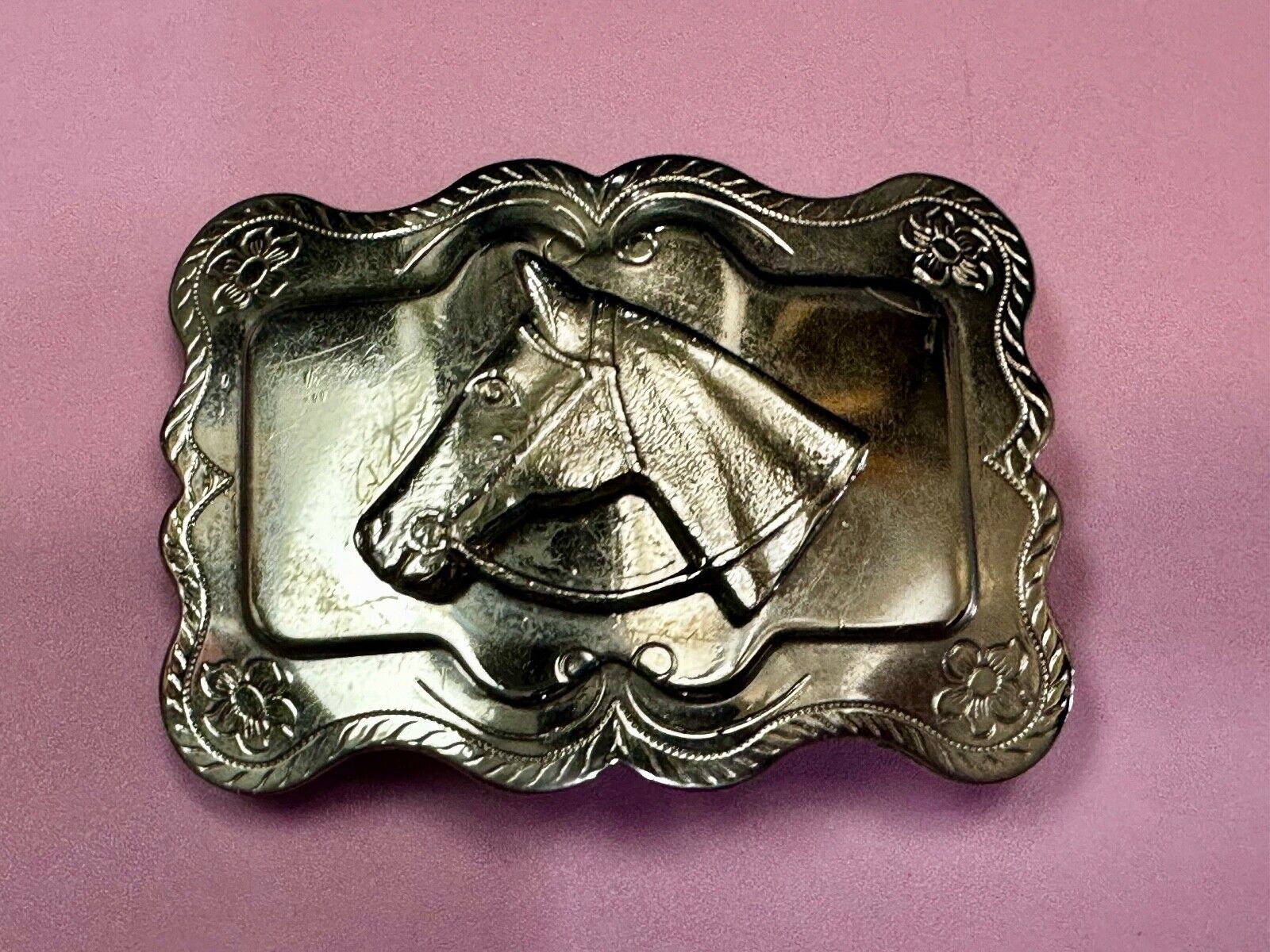 Vintage Horse Head Bust silver tone Floral Engraved Belt Buckle