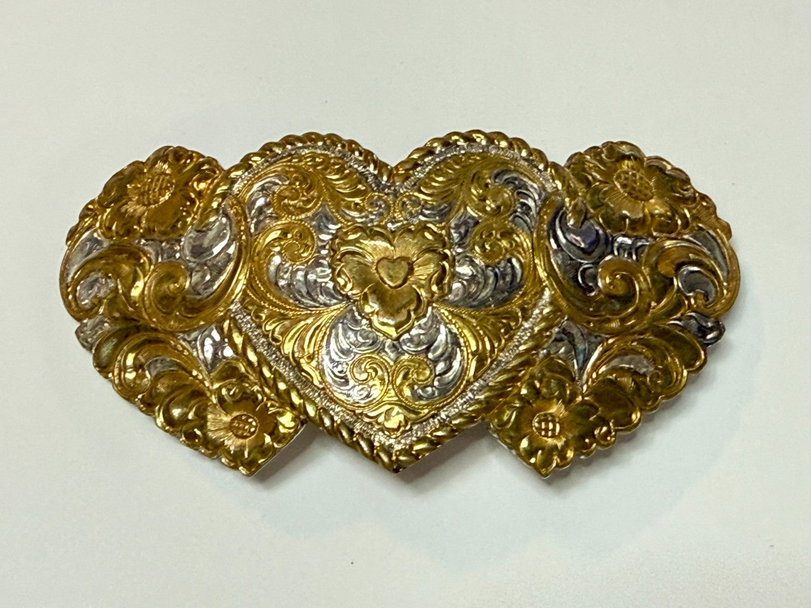 Triple Heart Shaped Heavy Silver Plate on Jewelers' Bronze Crumrine Belt Buckle
