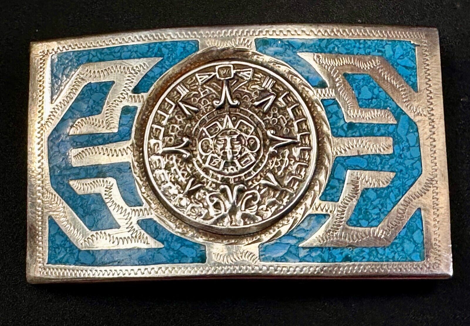 Aztec Mayan Calendar Sun Turquoise Inlay Southwestern Vintage Belt Buckle