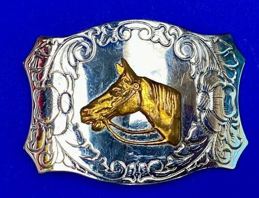 Vintage Horse Head Mixed Metal Color On Reflective Belt Buckle