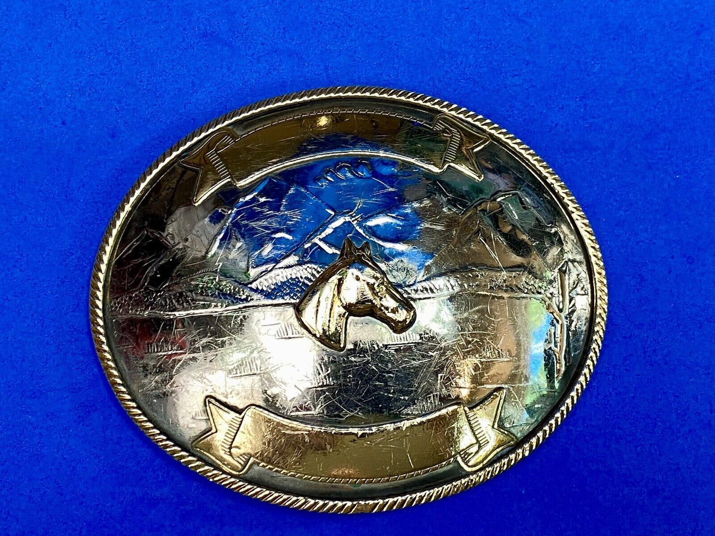  Vintage Horse Head Bust German Silver Art Western Award Scroll Belt Buckle 