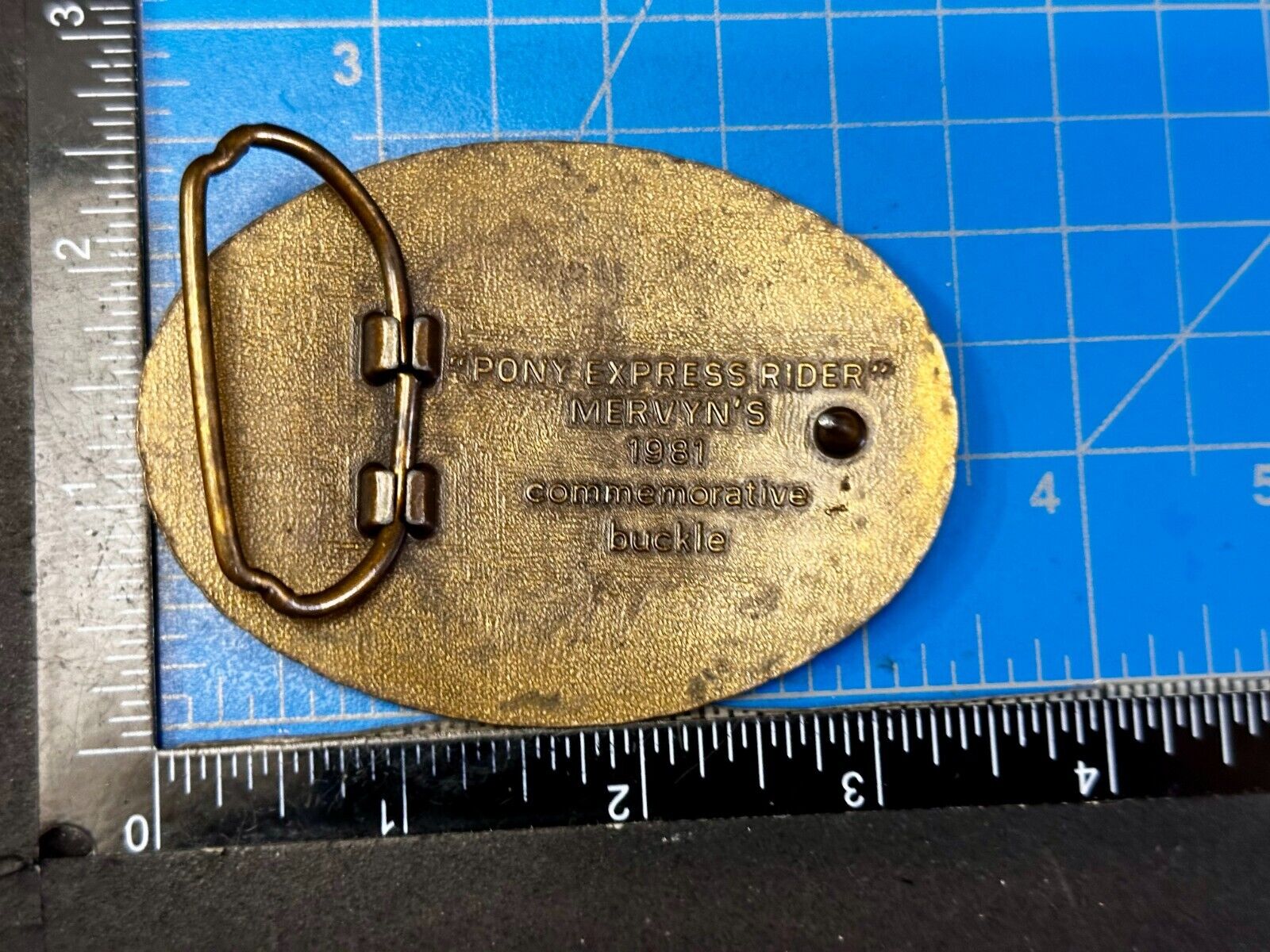 Vintage 1981 Pony Express Rider Mervyn's Commemorative Brass Tone Belt Buckle