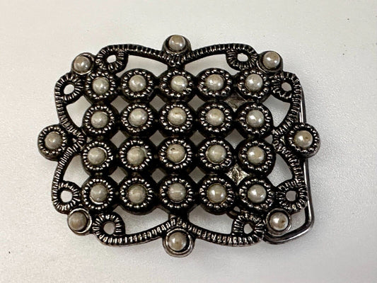 Victorian Style Faux Pearl Accented See-Trough Gray Metal Belt Buckle