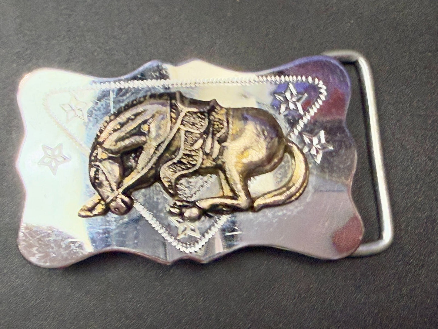 Vintage Horse Head Down End Of The Trail Reflective Two Tone Western Belt Buckle