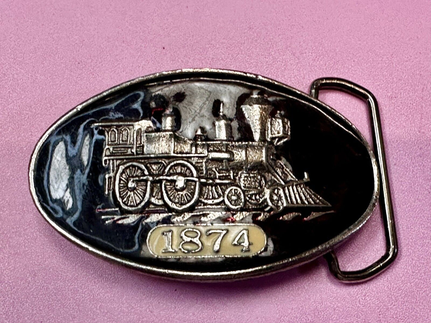 1874 Steam Engine Railroad Train Enameled Vintage Belt Buckle #171