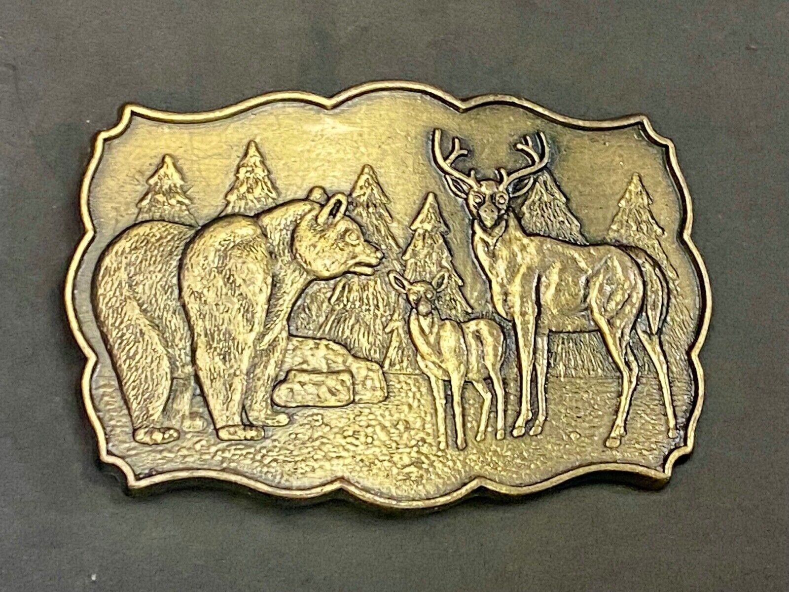 Vintage Deer & Doe With Grizzly Bear In Pine Trees Nature Scene Belt Buckle 