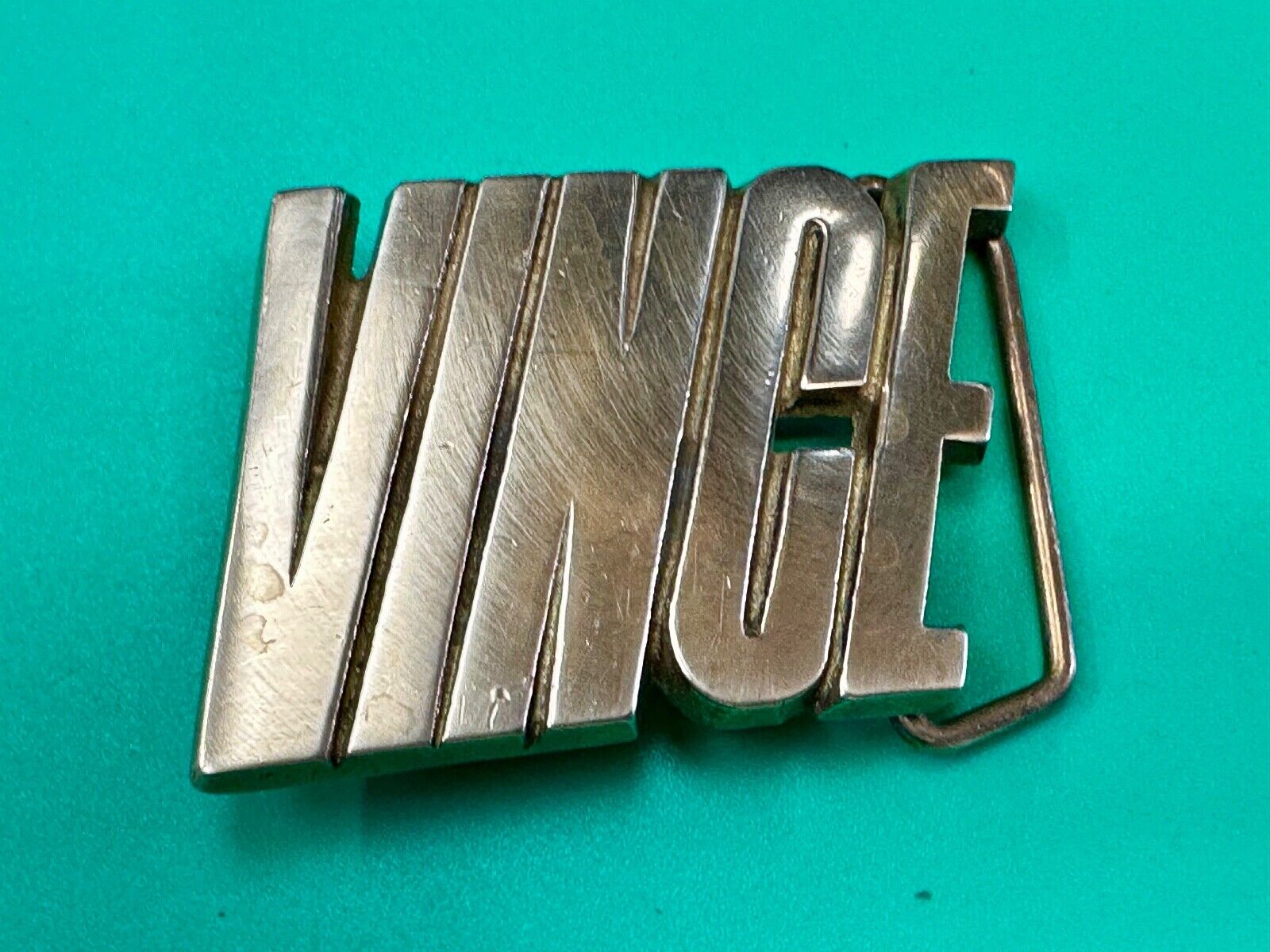 VINCE  custom name cutout block letter solid brass belt buckle by Baron Buckles