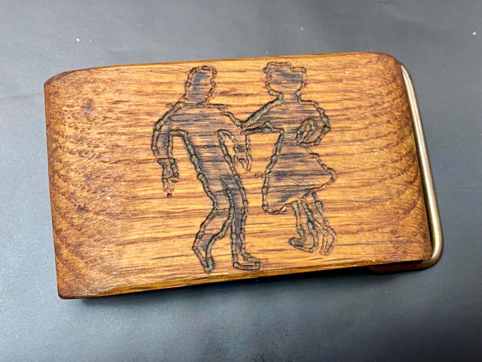 Artisan country line square Dancing Couple burned into wood grain belt buckle