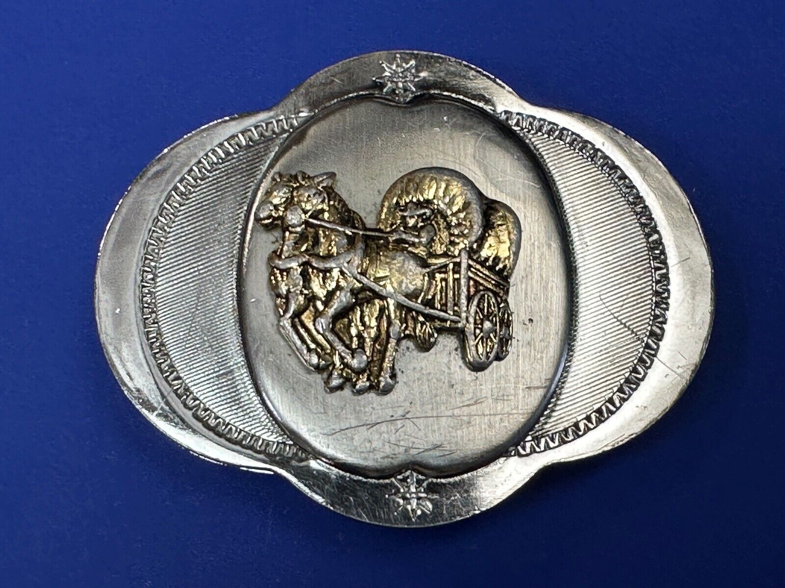 Vintage Horse Drawn Covered wagon on ornate western two tone belt buckle