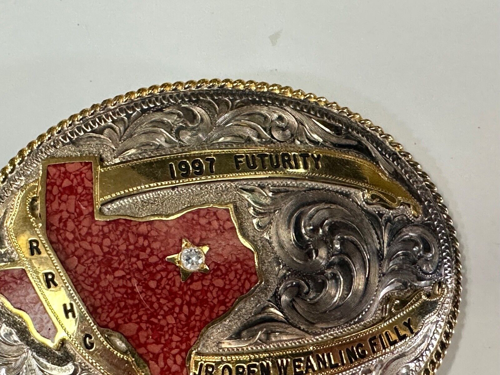 TEXAS Inlaid Coral Chip  JR Open Weanling Filly 1997 Futurity Trophy belt buckle