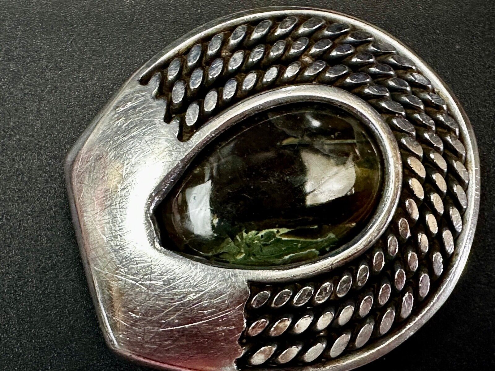 Artisan Centerpiece Green Stone?  Ornate Metal Workers / Welders Belt Buckle