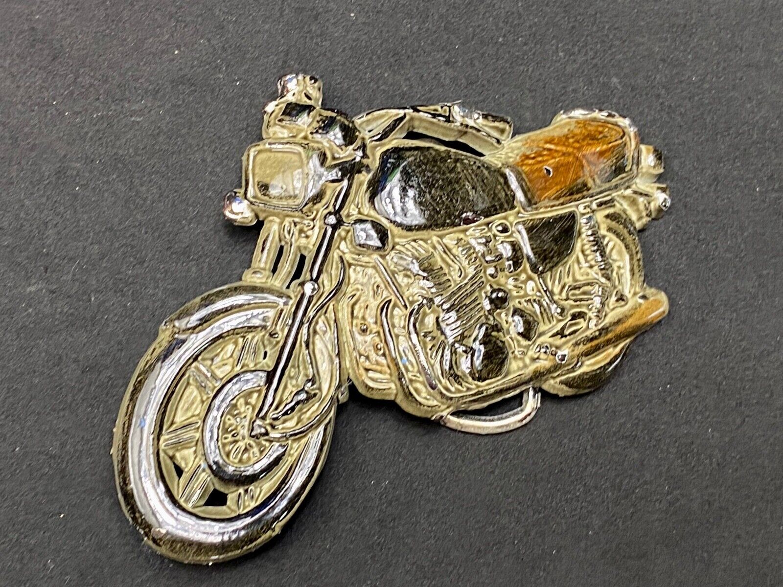 4" wide cut out Motorcycle shaped brown black & silver color belt buckle 