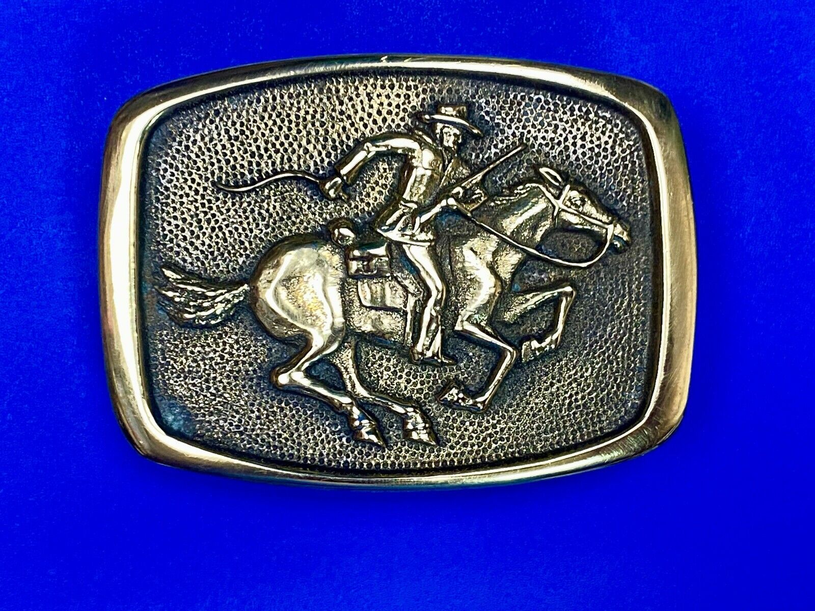 Vintage 1978 Horseback Rider Cowboy Bank Robber Solid Brass Belt Buckle By BTS