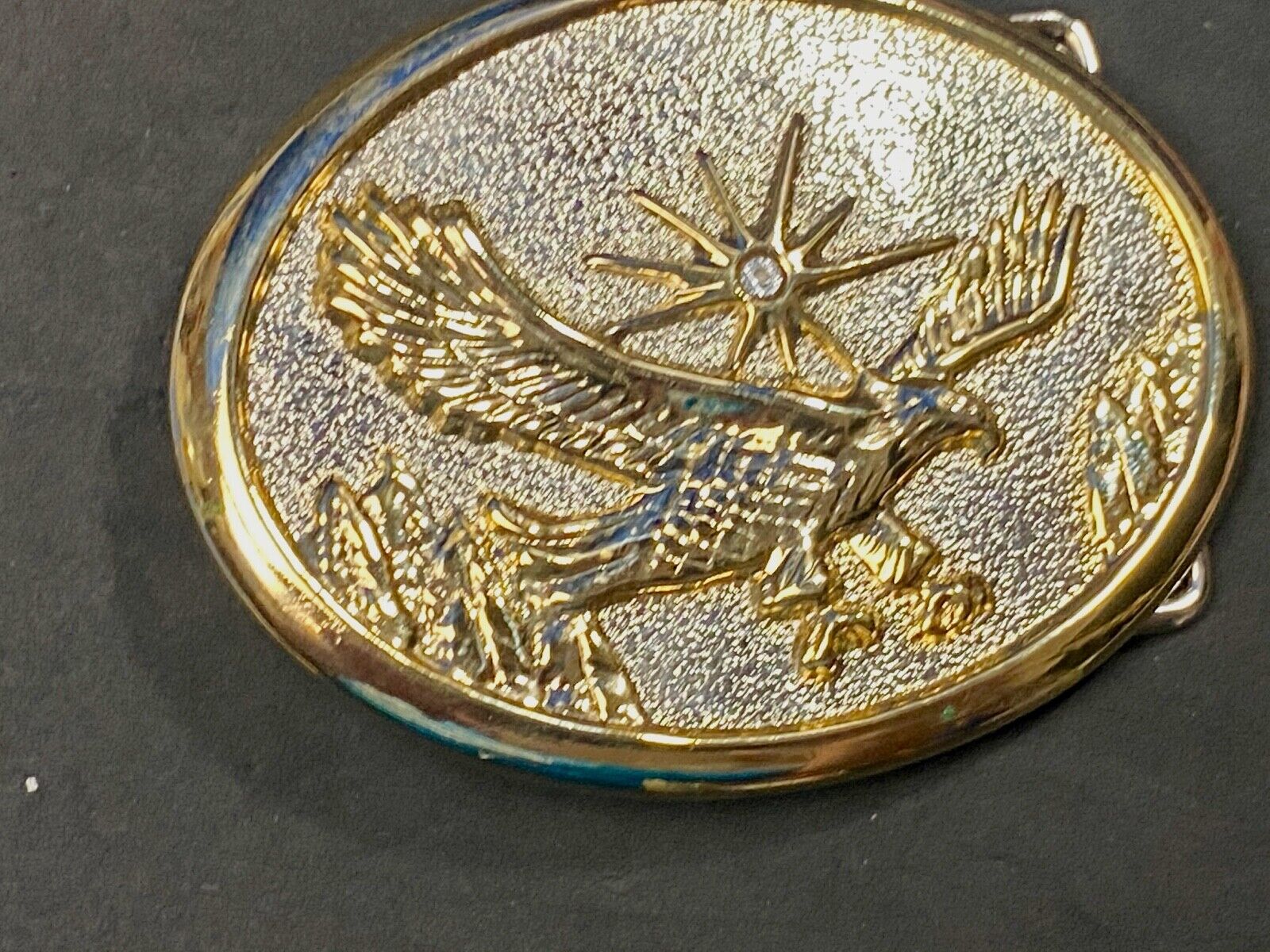 Vintage belt buckle, silver and gold tone flying eagle - Starburst! 