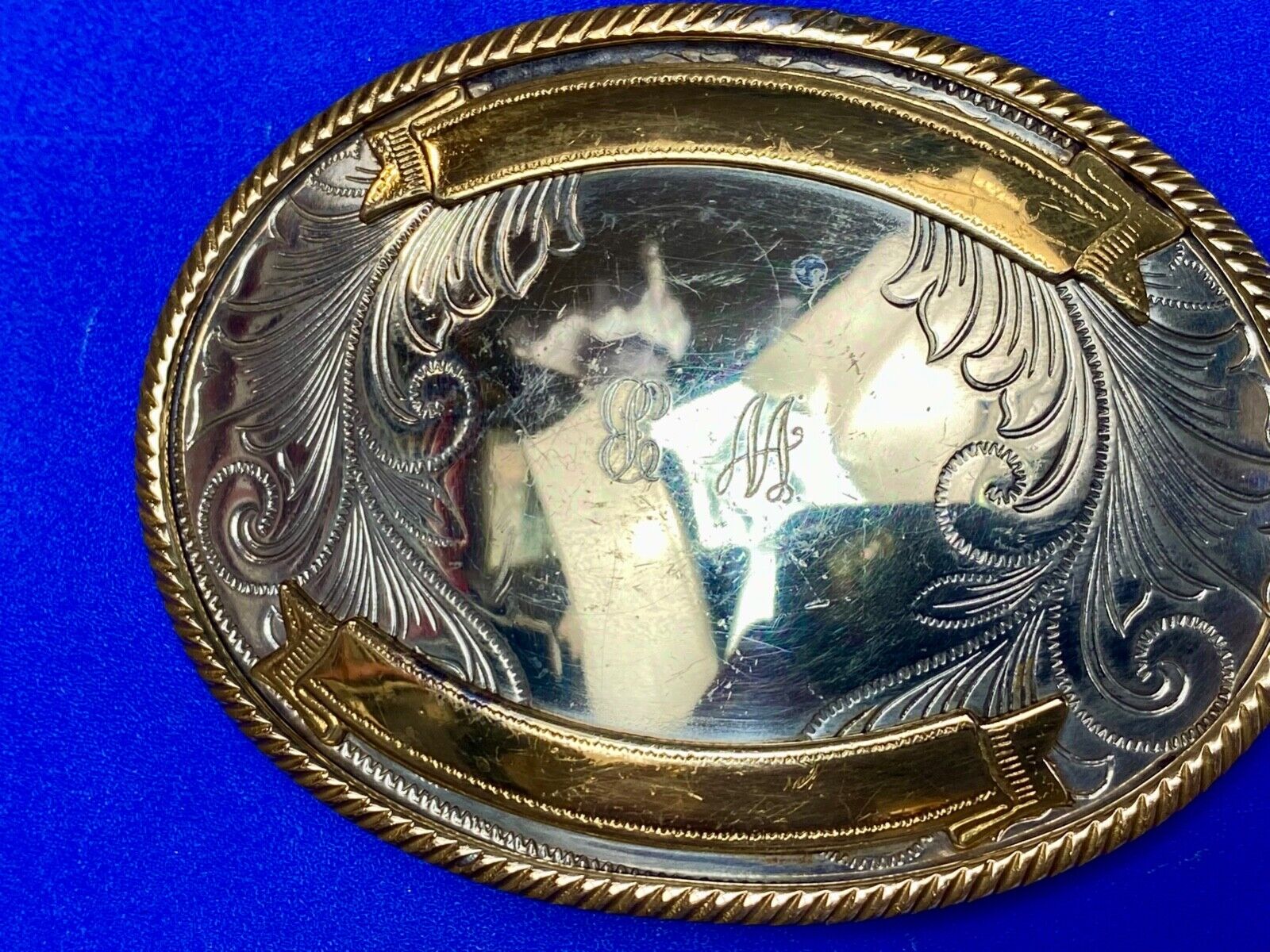 Vintage German Silver two tone rodeo award trophy style engraved belt buckle