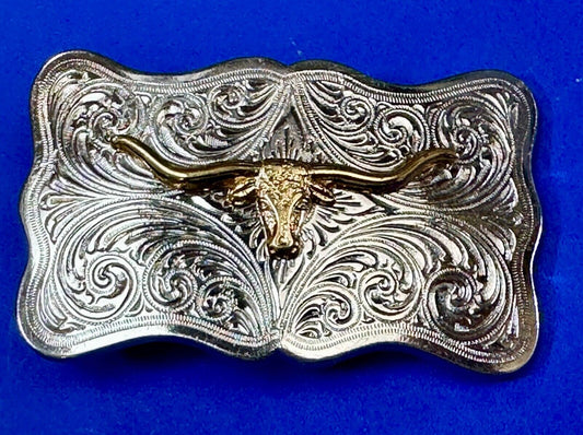 The Longhorn cow steer - cowboys cowgirls western two tone belt buckle
