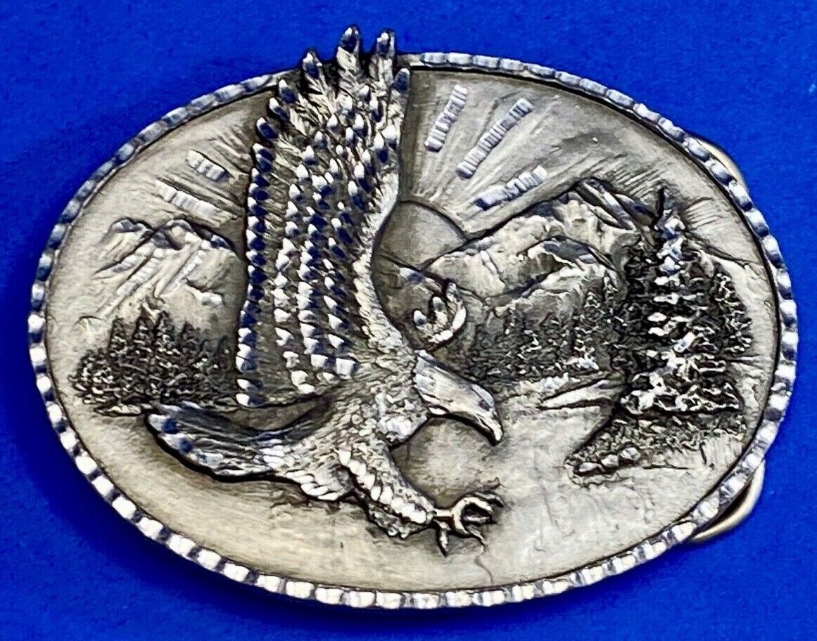Vintage 1982 Majestic American Eagle Flying Over Mountains Belt Buckle 