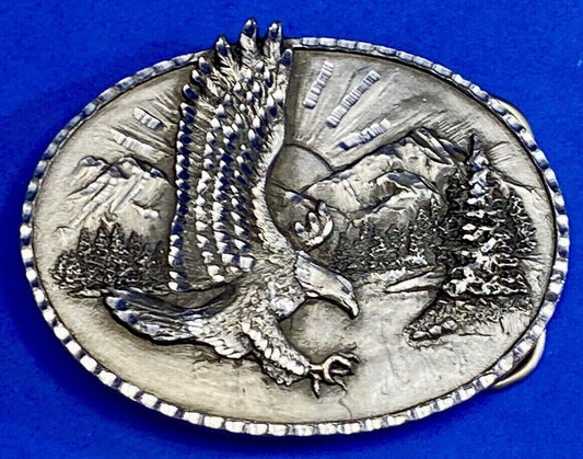 Vintage 1982 Majestic American Eagle Flying Over Mountains Belt Buckle 