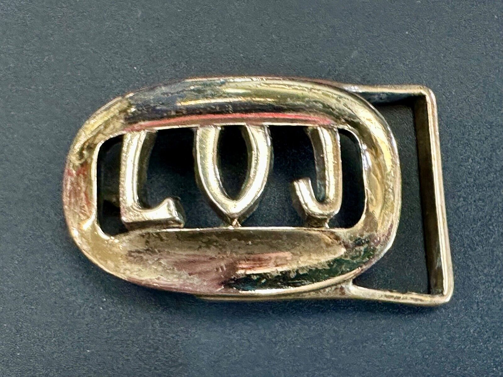 Vintage LVJ LUJ gold tone block letters cutout belt buckle