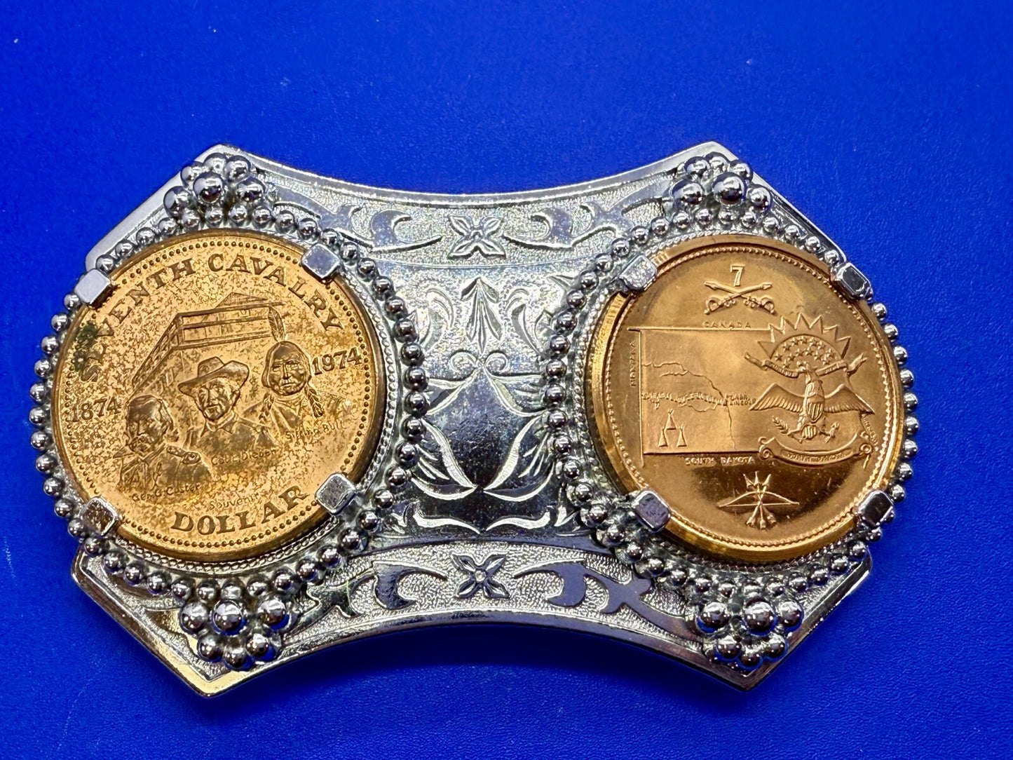 Two Seventh Cavalry Tokens Medallions in Dual Coin Collectors Belt Buckle