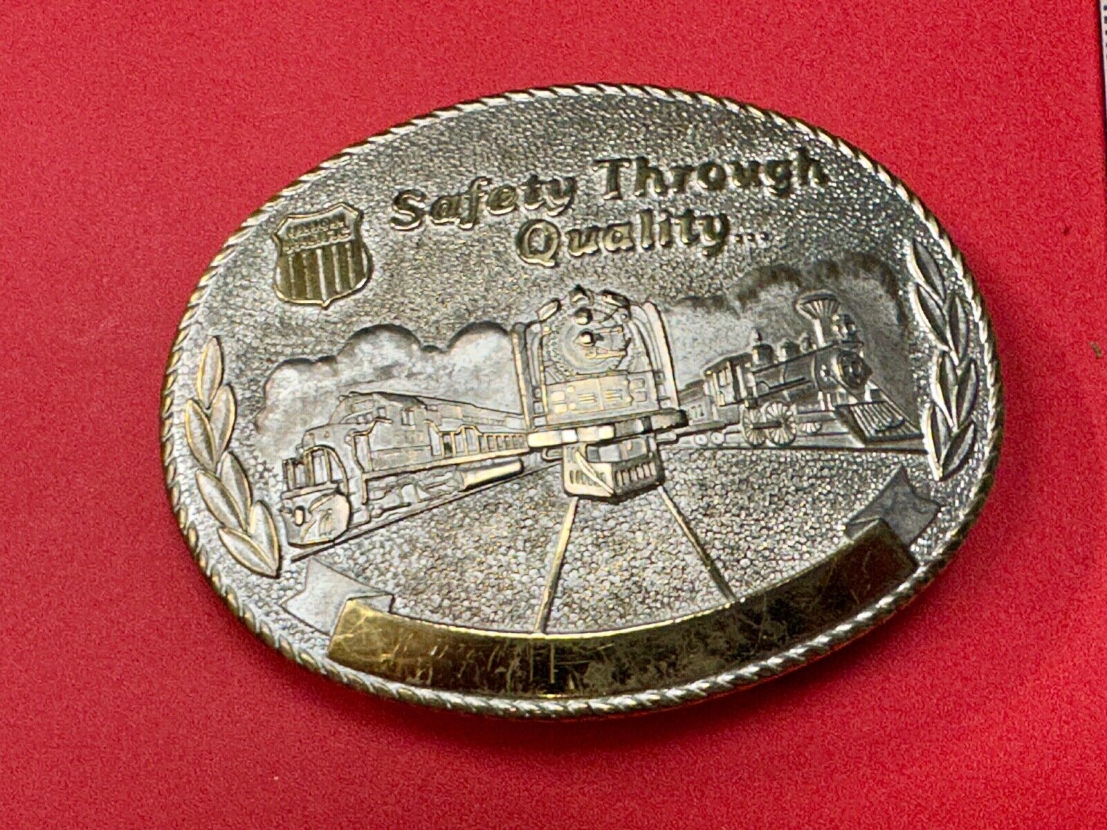 Union Pacific Rail Road SAFETY THROUGH QUALITY Train Engine STOTTS belt buckle