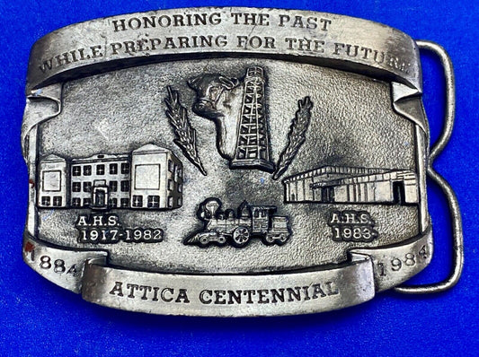Vintage 1984 Attica Kansas KS Centennial OIL TRAIN SCHOOL HOUSE  belt buckle