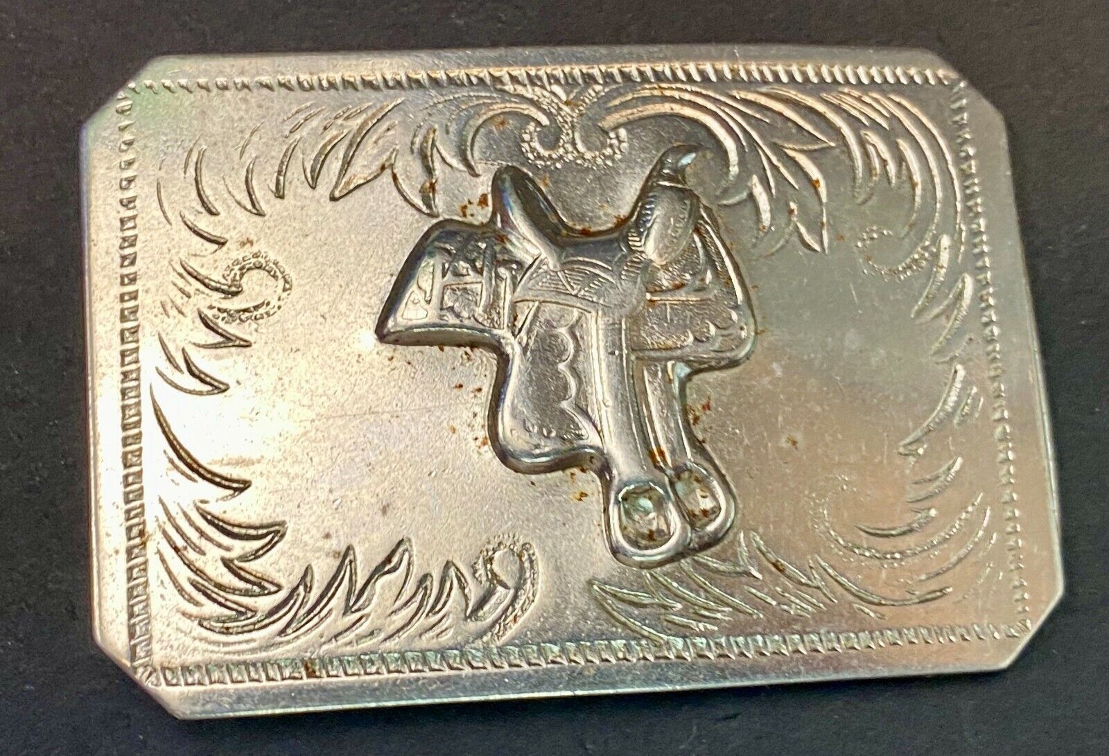 Vintage Horse Saddle Silver Tone Ornate Rectangular Belt Buckle